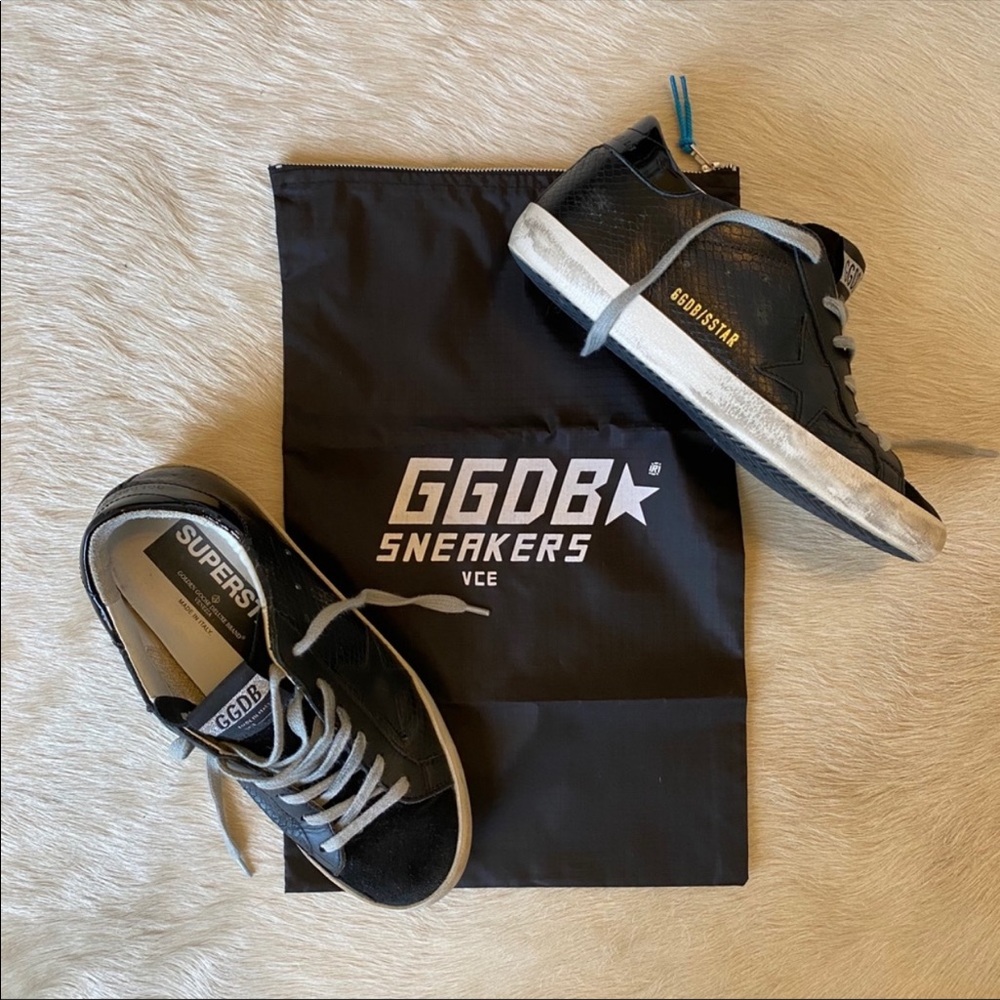 Auth. Golden Goose Black Snakeskin Superstar, 38
